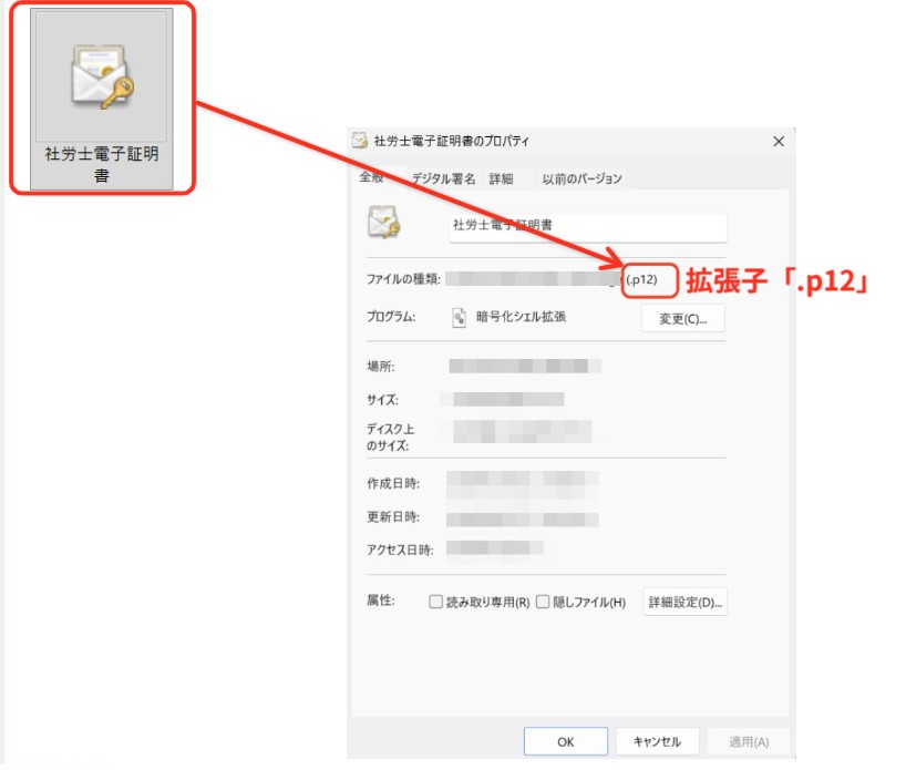 電子証明書とダブルクリックと拡張子の確認を説明している画像