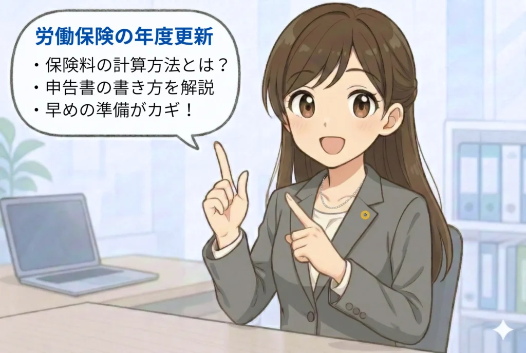 令和8年度の年度更新の内容を説明する社労士のイラスト
