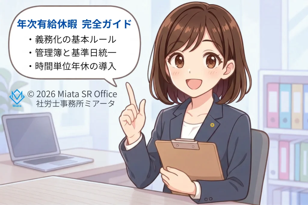 年次有給休暇の基本ルールと実務対応を解説する社労士事務所ミアータの扉絵画像