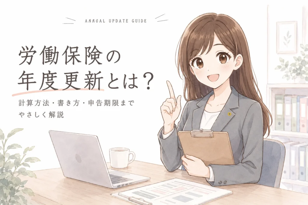 労働保険の年度更新の概要と、計算方法・書き方・申告期限までをやさしく解説することを案内する図