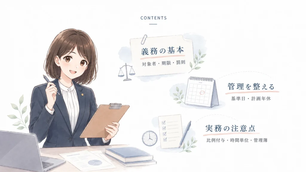 年次有給休暇の記事構成（義務の基本・管理の整え方・実務の注意点）を示した図解