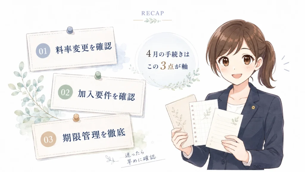 2026年4月の雇用保険手続きについて、料率変更、加入要件、期限管理の3つの確認ポイントをまとめたイラスト