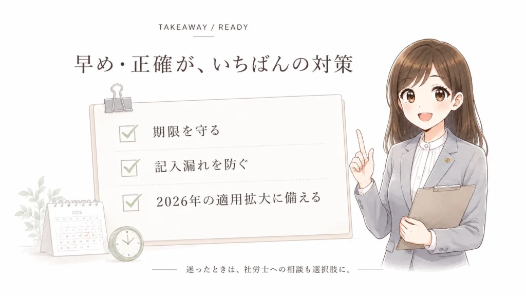 新入社員の社会保険手続きでは、期限を守ること、記入漏れを防ぐこと、2026年の適用拡大に備えることが大切だと説明するまとめ図解