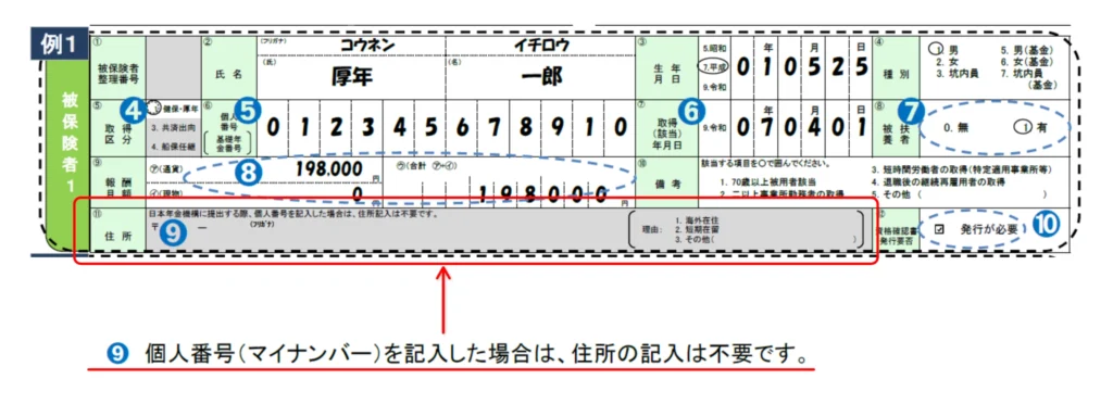 被保険者資格取得届のマイナンバー記入欄と住所欄、個人番号を記入すれば住所の記入が省略可能