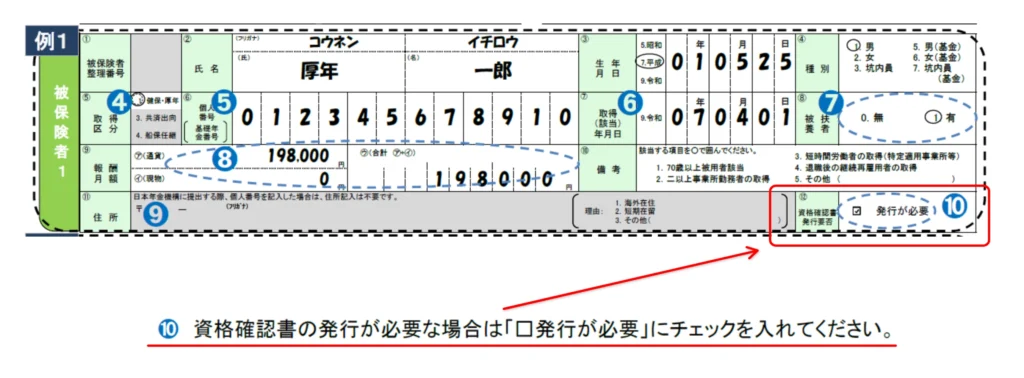 被保険者資格取得届の資格確認書発行要否のチェック欄、マイナ保険証を持たない従業員への対応
