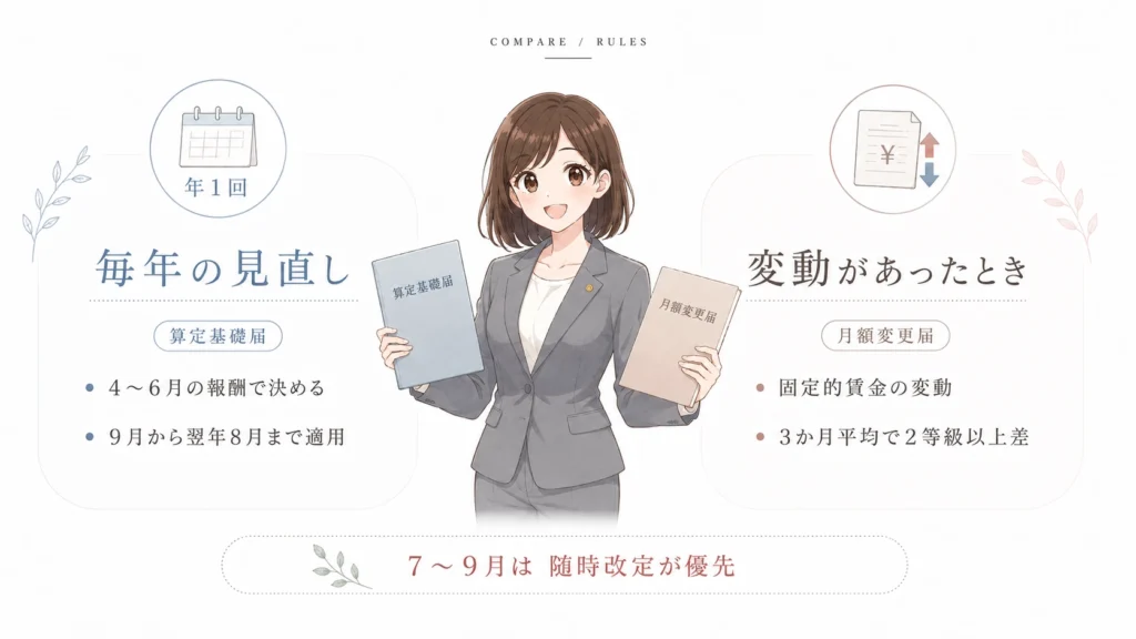 算定基礎届(定時決定)と月額変更届(随時改定)の違いを、対象・きっかけ・適用時期で比較したイラスト