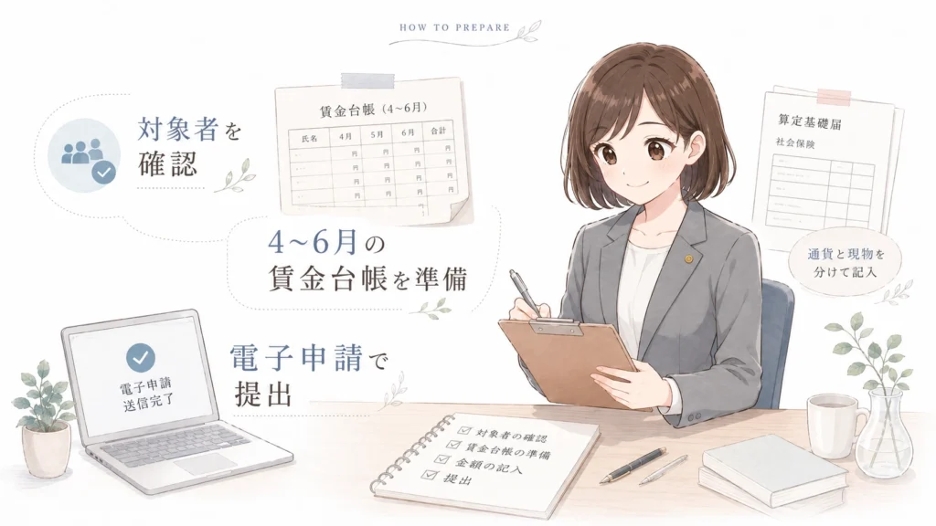 算定基礎届の作成に向けて、対象者の確認、4月から6月の賃金台帳の準備、電子申請での提出を整理したイラスト
