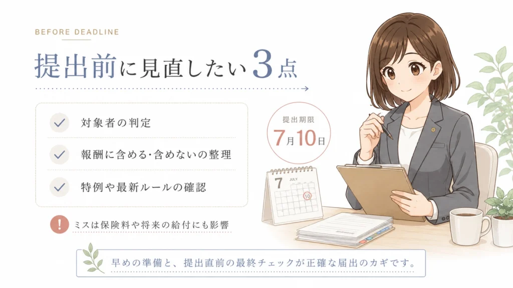 算定基礎届の提出前に見直したい3点(対象者の判定・報酬の整理・特例や最新ルールの確認)をまとめたイラスト