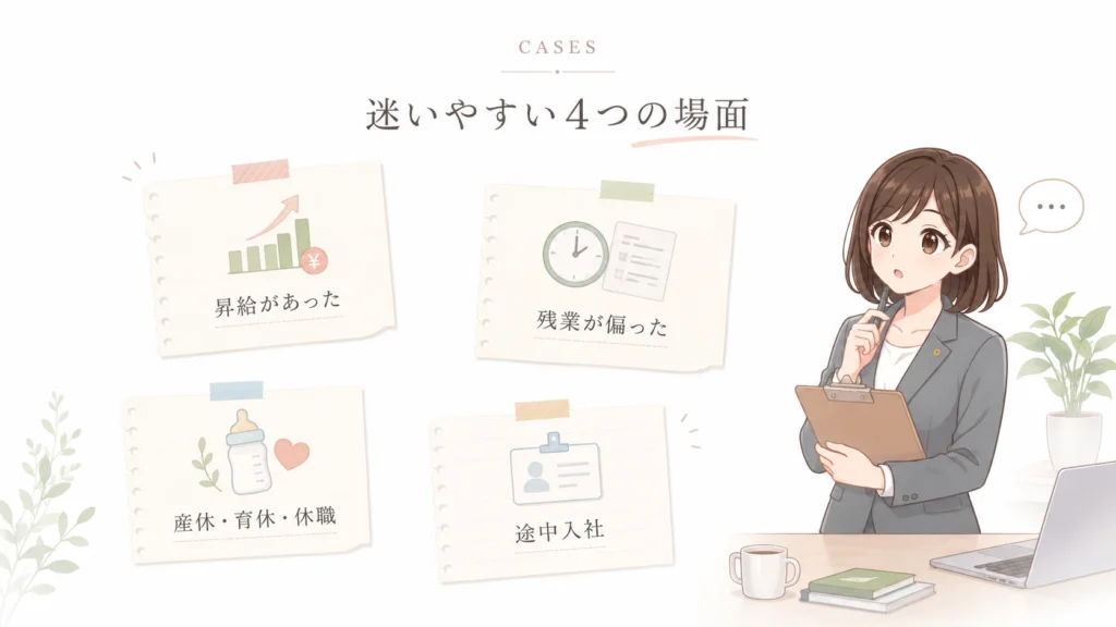 算定基礎届で迷いやすい4つの場面(昇給があったとき、残業が偏ったとき、産休・育休・休職中、途中入社)を社労士がやさしく案内するイラスト