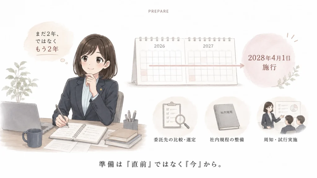2028年4月1日のストレスチェック義務化に向けて、今から準備を始める必要性を示した図解
