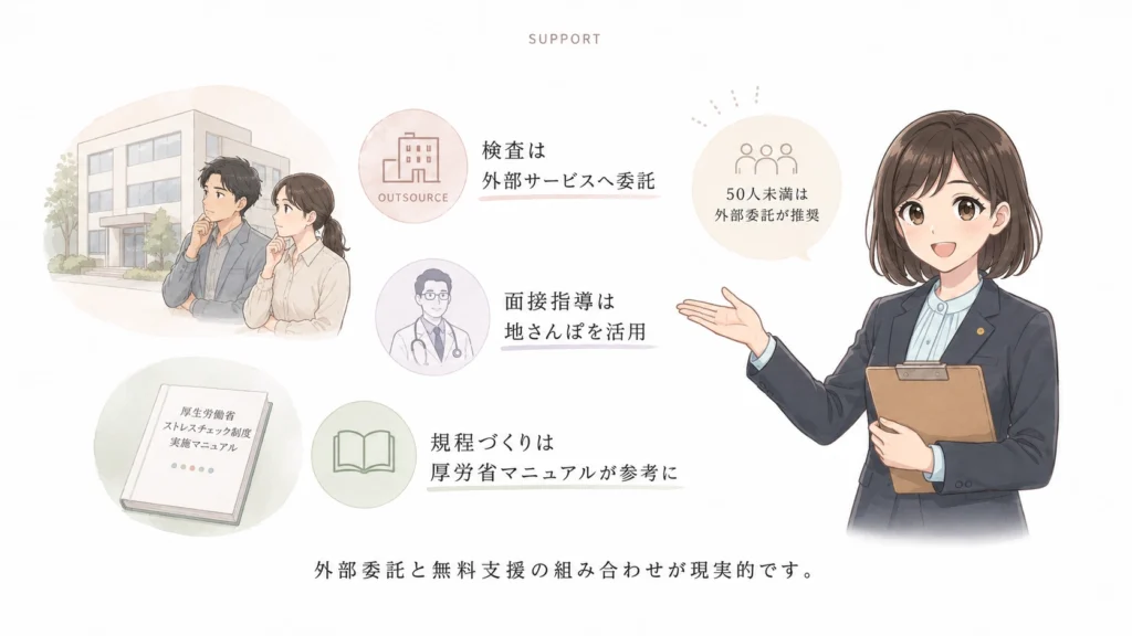 小規模事業場のストレスチェック対応として、外部サービスへの委託、地さんぽの活用、厚労省マニュアルを参考にした規程づくりを整理した図解