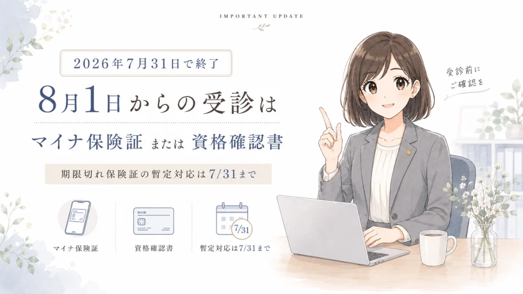 2026年7月31日で期限切れ保険証の暫定対応が終了し、8月1日以降はマイナ保険証または資格確認書で受診することを案内する図