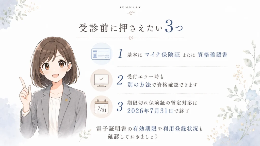 受診前に押さえたい3つのポイントとして、マイナ保険証または資格確認書の提示、受付エラー時の資格確認方法、期限切れ保険証の暫定対応終了をまとめた図