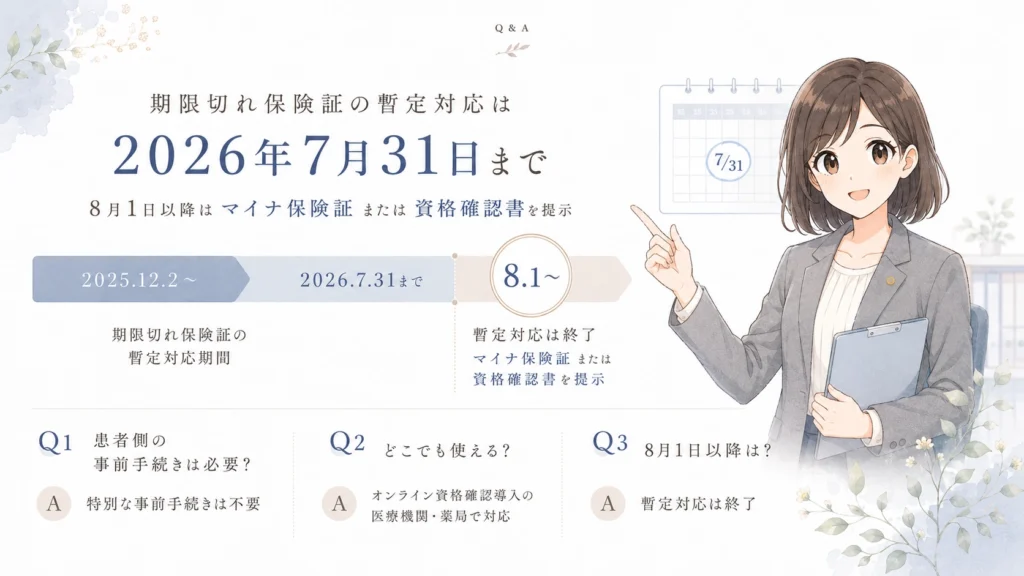 期限切れ保険証の暫定対応は2026年7月31日までで、8月1日以降はマイナ保険証または資格確認書を提示することをQ&A形式で説明する図